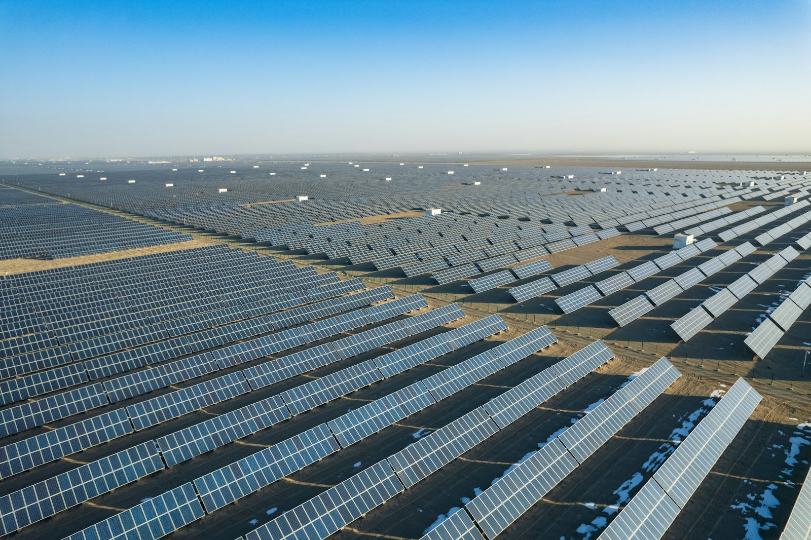 Aerial view of a large ground-mounted solar farm